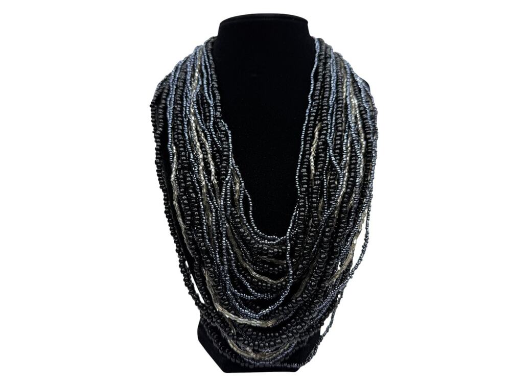 Multi-Strand Beaded Statement Chunky Collar Necklace Black Gray Clear Beads 20"